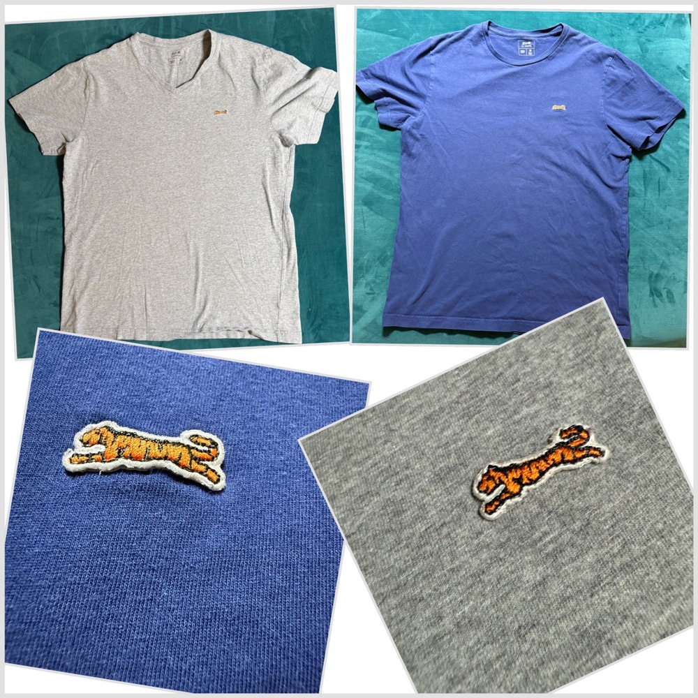 Le Tigre Men TShirts Size Medium Blue V Neck + Grey Crew Neck Short Sleeve Tiger